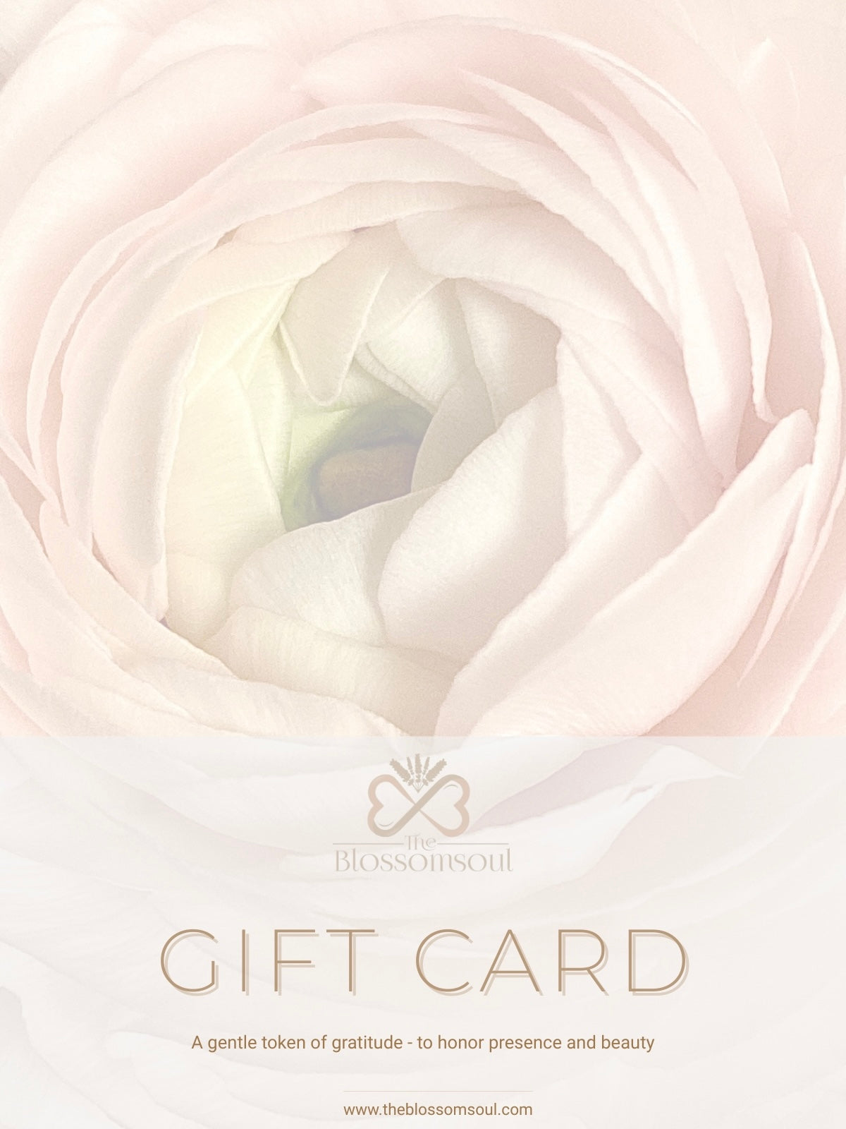 A softly lit floral gift card featuring a pale blush ranunculus, paired with delicate serif text. Designed to express quiet beauty and presence, the Soulful Edition from TheBlossomSoul offers a meaningful digital gifting experience rooted in floral elegance and depth.