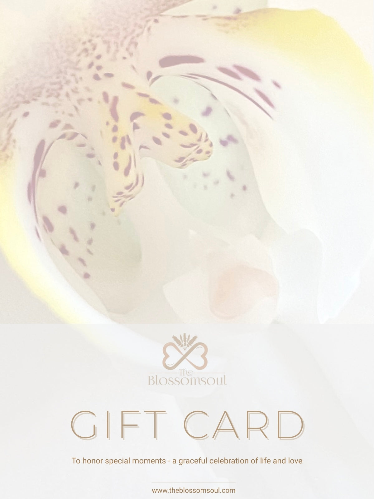 A luminous white orchid flower sets the tone for this Celebration Edition gift card from TheBlossomSoul. Created for birthdays and meaningful moments, it blends floral grace with a refined digital presentation for a timeless gifting gesture.