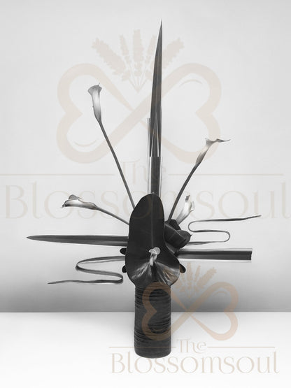 Minimalist Japanese modern floral artwork in black & white edition using the Manipulation of Leaves technique. Digital print by TheBlossomSoul.