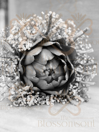 Black & white botanical digital art featuring a centered natural artichoke surrounded by delicate gypsophila and coconut sticks. A minimalist, eco-conscious floral composition captured in soft grayscale for modern interiors.
