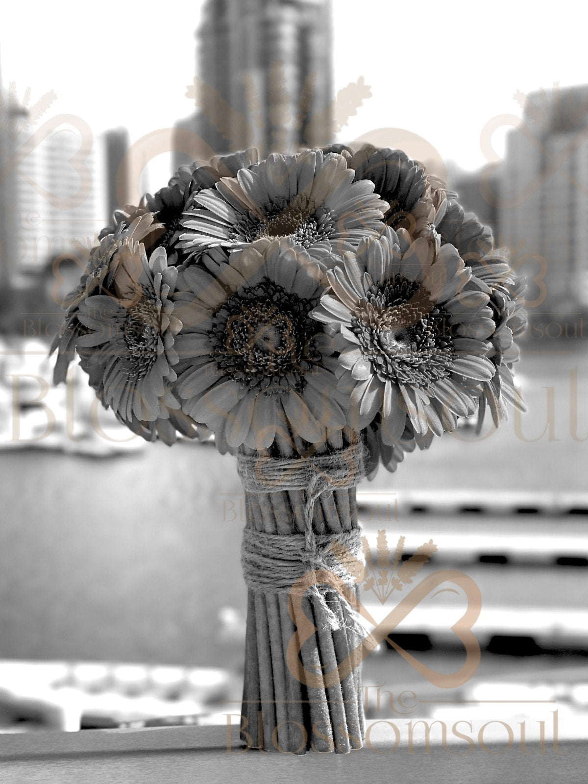 Black and white digital artwork of a mono bouquet with orange gerberas tied with rustic twine, handcrafted and photographed in Dubai Marina.
